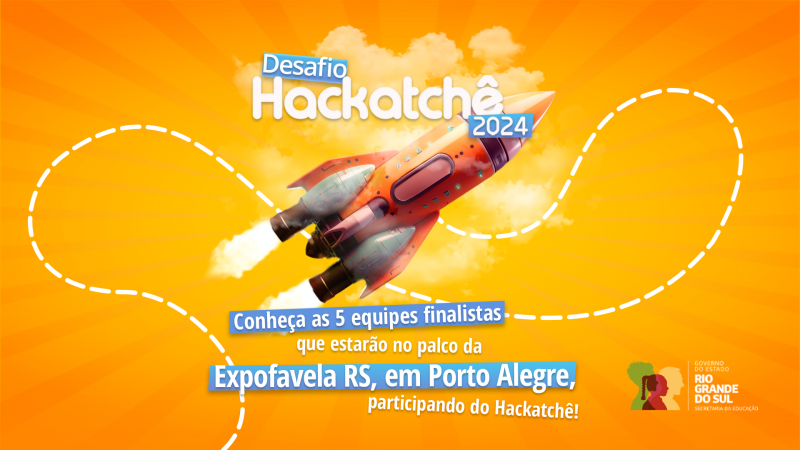 Card em tons laranjas. No centro da imagem, está escrito o título "Desafio Hackatchê 2024", junto com a ilustração fototrealista de um foguete alaranjado.