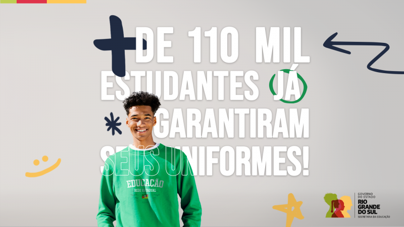 Card com fundo cinza, onde se lê a frase "mais de 110 mil estudantes já garantiriam seus uniformes".